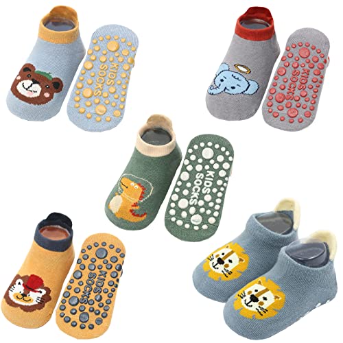 Exemaba Baby Rutschfeste Socken 5 Paar Tiermotive Kleinkinder Antirutschsocken Krabbelsocken für Jungen(Jungen,S/6-12 Monate) von Exemaba