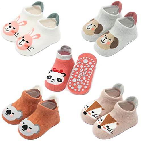 Exemaba Baby Rutschfeste Socken 5 Paar Tiermotive Kleinkinder Antirutschsocken Krabbelsocken für Mädchen(Mädchen,S/6-12 Monate) von Exemaba