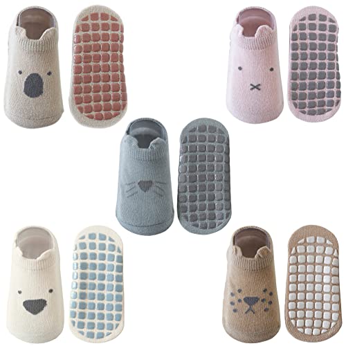 Exemaba Baby Rutschfeste Socken 5 Paar Tiermotive Kleinkinder Antirutschsocken Krabbelsocken für Mädchen(Style C,S/6-12 Monate) von Exemaba