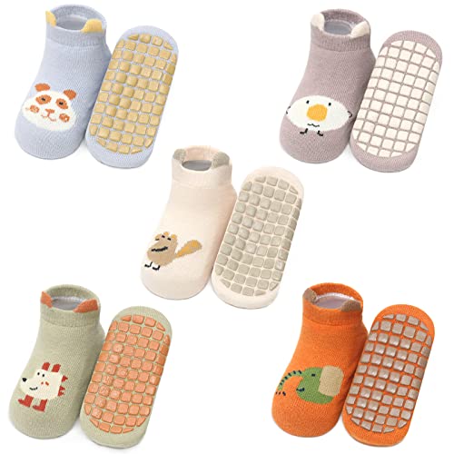 Exemaba Baby Rutschfeste Socken 5 Paar Tiermotive Kleinkinder Antirutschsocken Krabbelsocken für Mädchen Jungen(Style F,L/3-5 Jahre) von Exemaba