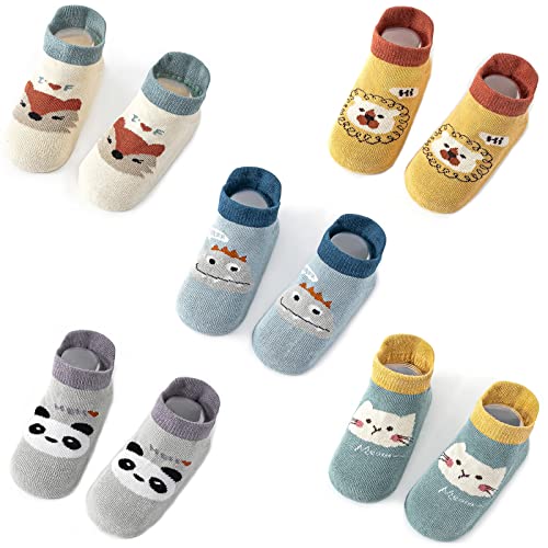 Exemaba Baby Rutschfeste Socken 5 Paar Tiermotive Kleinkinder Antirutschsocken Krabbelsocken für Mädchen Jungen(Style G,L/3-5 Jahre) von Exemaba