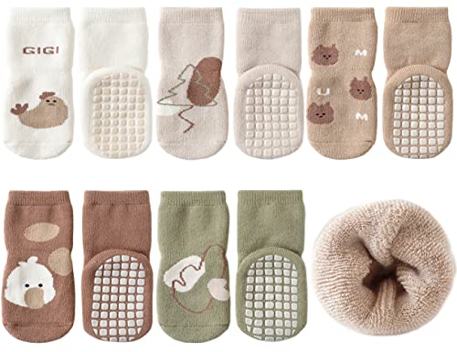 Exemaba Baby Socken Anti Rutsch Dicke - 5 Paar Winter Warme Kleinkinder Rutschsocken Krabbelsocken für Mädchen Jungen(D1,S/6-12 Monate) von Exemaba