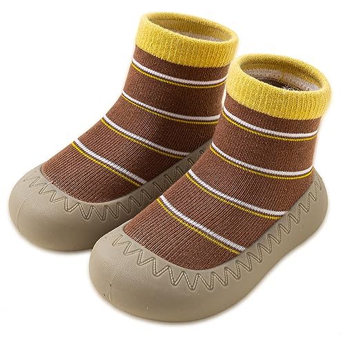 Exemaba Rutschfeste Sockenschuhe Baby Lauflerner Schuhe Kleinkind Stricken kinderschuhe Babybodenschuhe 1 Paar(Coffee Stripe,Tag22/12-18M) von Exemaba