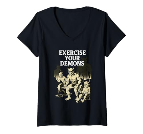 Damen Exercise Your Demons Funny Gym Pun - I Have Exorcized Demons T-Shirt mit V-Ausschnitt von Exercise Your Demons Funny Gym Fit Workout Pun