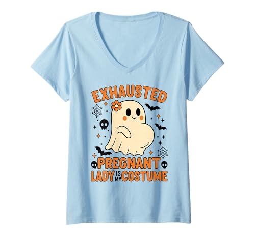 Damen Erschöpft Schwangere Dame Kostüm Niedlicher Geist Mama to Be T-Shirt mit V-Ausschnitt Damen Erschöpft Schwangere Dame Kostüm Niedlicher Geist Mama to Be T-Shirt mit V-Ausschnitt von Exhausted Pregnant Lady Costume Design