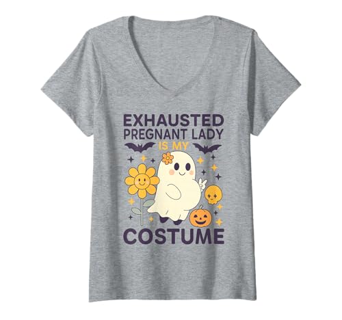 Damen Erschöpft Schwangere Lady is My Kostüm Floral Ghost T-Shirt mit V-Ausschnitt Damen Erschöpft Schwangere Lady is My Kostüm Floral Ghost T-Shirt mit V-Ausschnitt von Exhausted Pregnant Lady Floral Costume