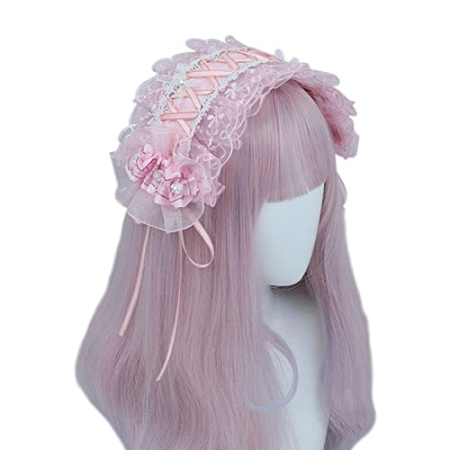 Haarband mit rosa Spitze, Perlen, Schleifen, Kopfbedeckung, Spitze, Blume, Haar-Accessoire, handgefertigt, für Mädchen, Geschenk, Kopfbedeckung von Exingk