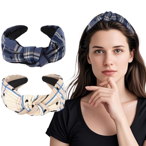 EXIPSAT 2er-Set Haarreifen Damen, Breite Geknotete Haarreifen mit Karomuster, Nicht-Rutschende Haarband Haarreif von Exipsat