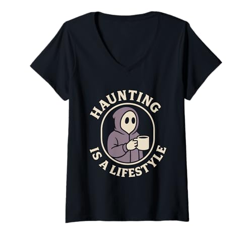Damen Future Ghost Spooky and Sad Haunting in Progress Geschenk T-Shirt mit V-Ausschnitt Damen Future Ghost Spooky and Sad Haunting in Progress Geschenk T-Shirt mit V-Ausschnitt von Existential Humor Dark Cozy Introvert Soft Ghost