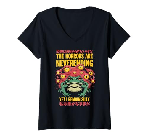 Damen The Horrors Are Neverending Yet I Remain Silly Surreale T-Shirt mit V-Ausschnitt Damen The Horrors Are Neverending Yet I Remain Silly Surreale T-Shirt mit V-Ausschnitt von Existenzielle Meme Monsterfrosch Absurd Art