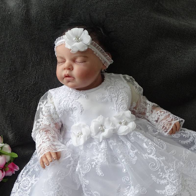 Amelie Taufkleid, Festkleid + Stirnband Schuhe Gr. 56, 62, 68, 74, 80, 86 Baby Mädchen Langarm Taufkleid | Spitze von ExklusivFestmode