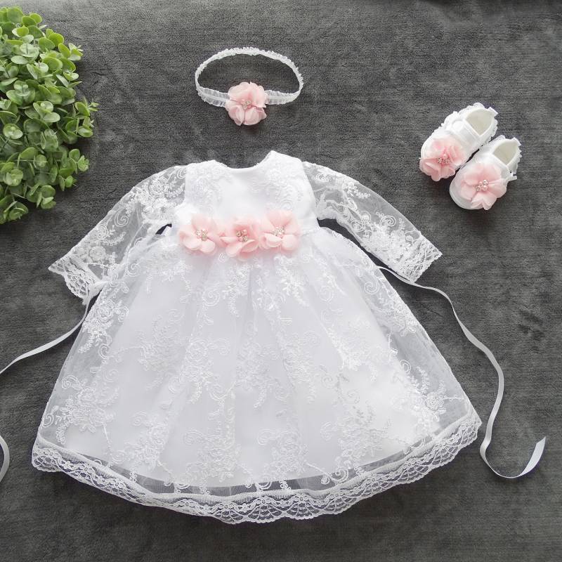 Amelie Taufkleid, Festkleid + Stirnband Schuhe Gr. 56, 62, 68, 74, 80, 86 Baby Mädchen Langarm Taufkleid | Spitze von ExklusivFestmode