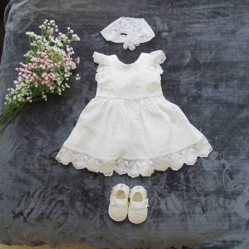 Anna Taufkleid, Babykleid Größe 62 68 74 80 86 Taufkleid Aus Baumwollmusselin, Elfenbeinfarbenes Baby-Boho-Kleid, Baby-Mädchen-Spitzenkleid von ExklusivFestmode