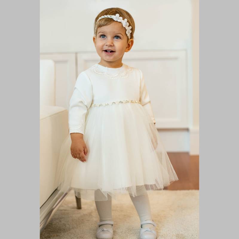 Diamantenes Kleid in Ecru Mit Langen Ärmeln Prinzessin Hochzeit Taufe Tüll Partykleid Blumenmädchenkleid Taufkleid von ExklusivFestmode