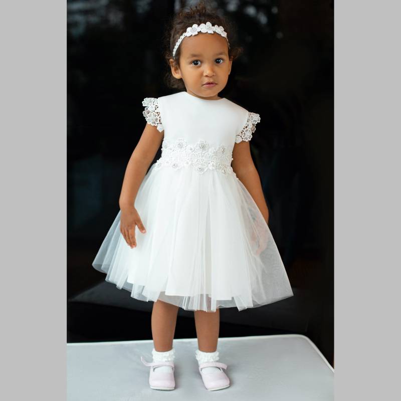 Kleid in Ecru Mit Kurzen Ärmeln Prinzessin Hochzeit Taufe Tüll Partykleid Blumenmädchenkleid Taufkleid von ExklusivFestmode