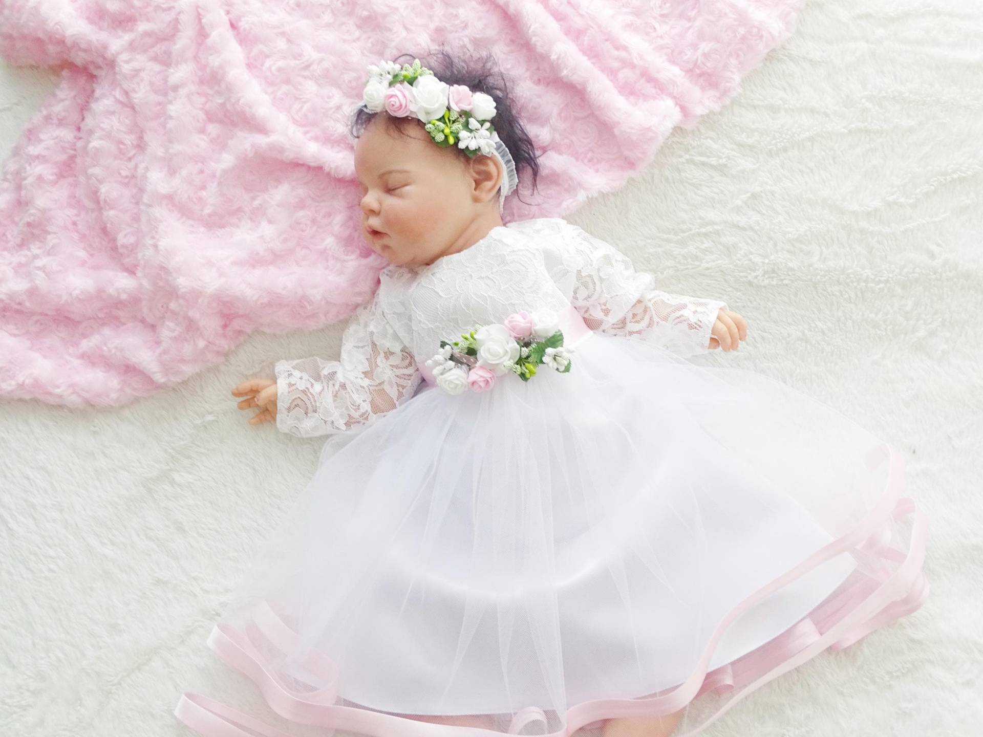 Taufkleid in Weiss Mit Langen Ärmeln Prinzessin Hochzeit Taufe Kleid Tüll Partykleid Blumenmädchenkleid von ExklusivFestmode