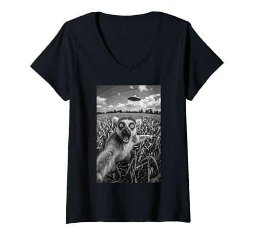 Damen Erschreckte Lemur Explore Mystery Planet Branch Dschungel T-Shirt mit V-Ausschnitt von Exotic Animal Wildlife Madagascar
