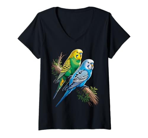 Damen Bunte Sittiche Wellensittiche auf AST T-Shirt mit V-Ausschnitt Damen Bunte Sittiche Wellensittiche auf AST T-Shirt mit V-Ausschnitt von Exotic Bird Lovers Apparel