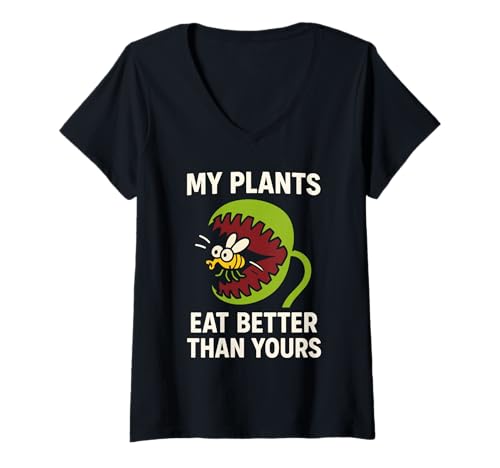 Damen Fleischfressende Pflanze Venus Fliegenfalle Krug Sonnentau Nepenthes T-Shirt mit V-Ausschnitt von Exotic Houseplant Botanical Insect-Eating Plant