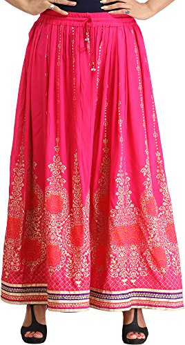 Exotic India Embellished Long Skirt with Golden Print and Embroidered Patch Border - Color Raspberry Sorbet Garment Size EinheitsgröÃŸe meisten von Exotic India