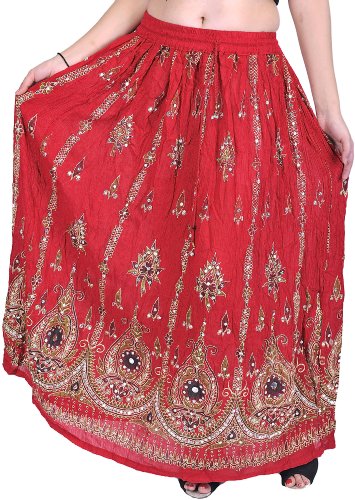Exotic India Long Skirt with Printed Flowers and Embroidered Sequins - Color Mars Red Garment Size EinheitsgröÃŸe meisten von Exotic India