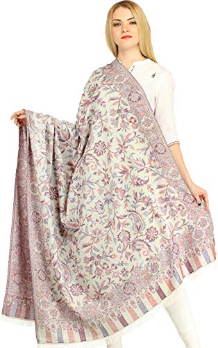 Exotic India Reversible Jamawar Shawl from Amritsar with Woven Flowers - Color Moonbeam Color EinheitsgröÃŸe meisten von Exotic India