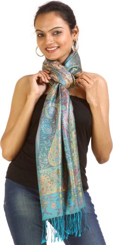 Exotic India Reversible Super Silk Jamawar Stole with All-Over Weave - Color Turquoise Color EinheitsgröÃŸe meisten von Exotic India