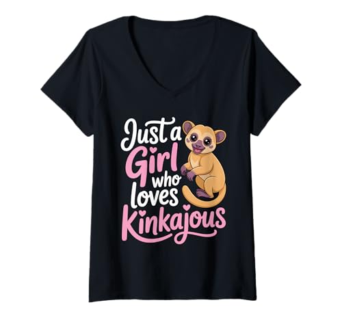 Damen Just A Girl Who Loves Kinkajous Exotic Pet T-Shirt mit V-Ausschnitt Damen Just A Girl Who Loves Kinkajous Exotic Pet T-Shirt mit V-Ausschnitt von Exotic Pet Lover Kinkajou Animal Mischief