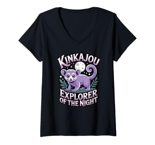 Damen Kinkajou Explorer of The Night Exotic Pet T-Shirt mit V-Ausschnitt Damen Kinkajou Explorer of The Night Exotic Pet T-Shirt mit V-Ausschnitt von Exotic Pet Lover Kinkajou Animal Mischief