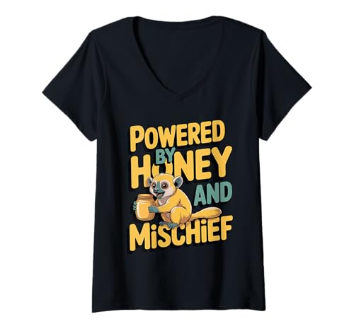 Damen Powered by Honey and Mischief Funny Kinkajou T-Shirt mit V-Ausschnitt Damen Powered by Honey and Mischief Funny Kinkajou T-Shirt mit V-Ausschnitt von Exotic Pet Lover Kinkajou Animal Mischief