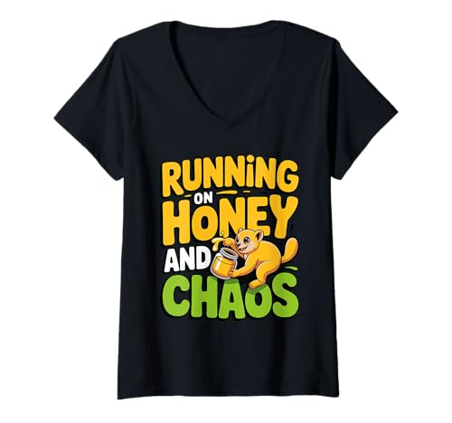Damen Running On Honey and Chaos Funny Kinkajou T-Shirt mit V-Ausschnitt Damen Running On Honey and Chaos Funny Kinkajou T-Shirt mit V-Ausschnitt von Exotic Pet Lover Kinkajou Animal Mischief