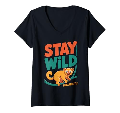 Damen Stay Wild Kinkajou Style Exotic Pet Jungle T-Shirt mit V-Ausschnitt Damen Stay Wild Kinkajou Style Exotic Pet Jungle T-Shirt mit V-Ausschnitt von Exotic Pet Lover Kinkajou Animal Mischief