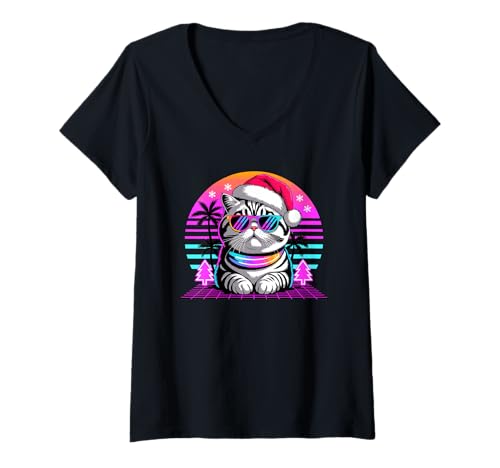 Damen Christmas Synthwave Exotic Shorthair Sunglasses T-Shirt mit V-Ausschnitt von Exotic Shorthair Cat Lover Gifts