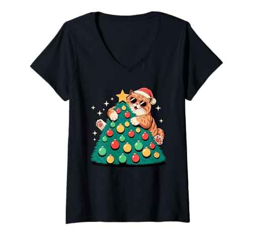 Damen Christmas Tree Exotic Shorthair Sunglasses T-Shirt mit V-Ausschnitt von Exotic Shorthair Cat Lover Gifts