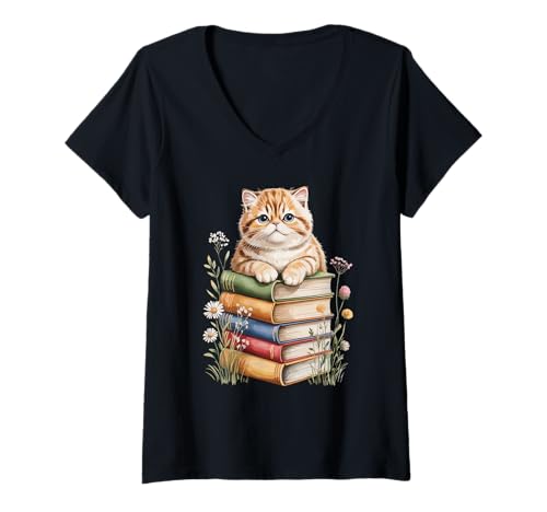 Damen Exotic Shorthair Bookworm Flowers Book Reading Books T-Shirt mit V-Ausschnitt von Exotic Shorthair Cat Lover Gifts