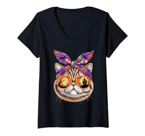 Damen Halloween Bandana Exotic Shorthair T-Shirt mit V-Ausschnitt von Exotic Shorthair Cat Lover Gifts