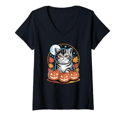 Damen Halloween Exotic Shorthair Kürbis T-Shirt mit V-Ausschnitt von Exotic Shorthair Cat Lover Gifts
