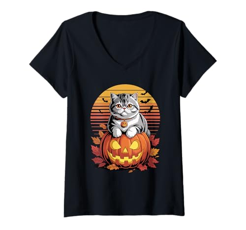 Damen Halloween Retro Exotic Shorthair T-Shirt mit V-Ausschnitt von Exotic Shorthair Cat Lover Gifts