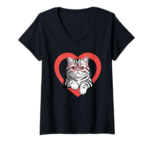 Damen Herz Exotic Shorthair Brille T-Shirt mit V-Ausschnitt von Exotic Shorthair Cat Lover Gifts