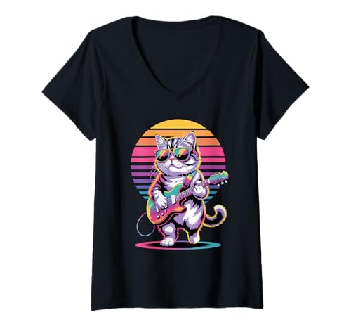 Damen Retro Exotic Shorthair Gitarrist T-Shirt mit V-Ausschnitt von Exotic Shorthair Cat Lover Gifts