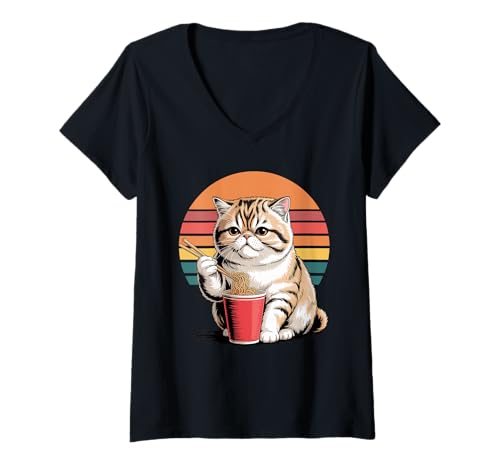 Damen Retro Exotic Shorthair Instant Becher Nudeln T-Shirt mit V-Ausschnitt von Exotic Shorthair Cat Lover Gifts