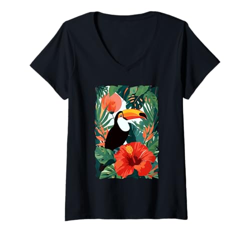 Damen Tropischer Tukan Vogel Dschungelparadies Wilder Hibiskus T-Shirt mit V-Ausschnitt Damen Tropischer Tukan Vogel Dschungelparadies Wilder Hibiskus T-Shirt mit V-Ausschnitt von Exotic Toucan Tropical Jungle Animal Island
