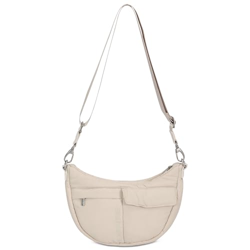 Expatrié Crossbody Bag Damen Beige - Vivy - Puffer Moon Bag - Umhängetasche im Halbmond Stil - Cross Body Handtasche mit Verstellbarem Gurt - Wasserabweisend von Expatrié