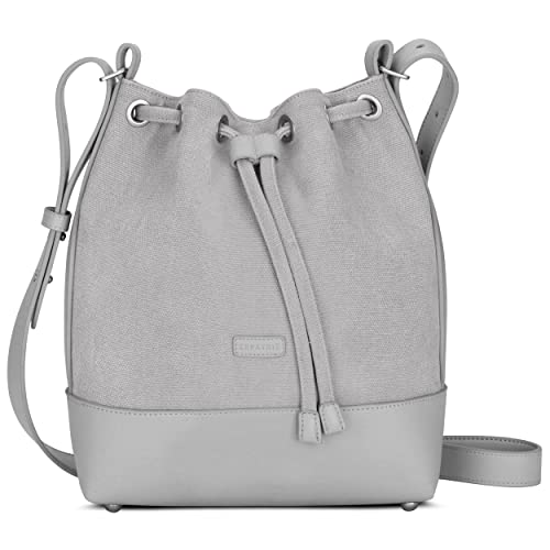 Expatrié Handtasche Damen Grau Lily Bucket Bag Umhängetasche Klein aus Baumwoll Canvas und veganem PU Leder für Shopping, Büro, Freizeit - Stylische Crossbody Schultertasche für Frauen von Expatrié