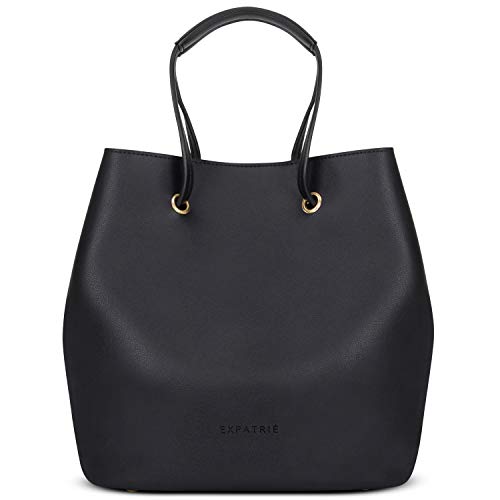 Expatrié Handtasche Damen Schwarz ÈLODIE Moderne Bucket Bag Tasche aus veganem Leder - Ledertasche Schultertasche Umhängetasche Klein - Casual Beuteltasche von Expatrié