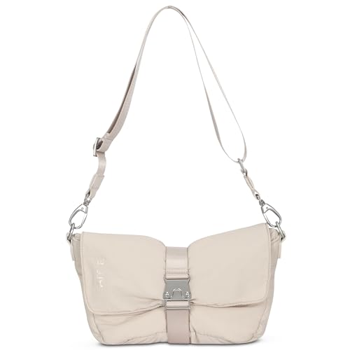 Expatrié Kleine Handtasche Damen Beige - Bobby - Crossbody Puffer Bag aus Nylon - Umhängetasche mit Schnalle & Reißverschluss - Puffy Nylontasche - Wasserabweisend von Expatrié