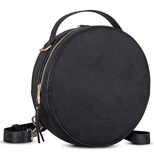 Expatrié Rucksack Damen Schwarz Crossbody Tasche aus Veganem Leder - PU Lederrucksack Rund - Umhängetasche & Tagesrucksack in Einem - Ledertasche mit abnehmbaren & verstellbaren Gurten von Expatrié