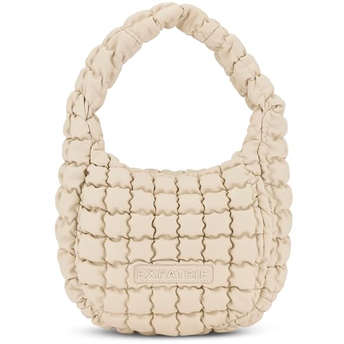 Expatrié Schultertasche Damen Beige - Pippa Large - Everyday Puffer Bag - Y2K Gesteppte Handtasche für Uni, Arbeit, Freizeit - Puffy Hobo Damenhandtasche aus Kunstleder von Expatrié