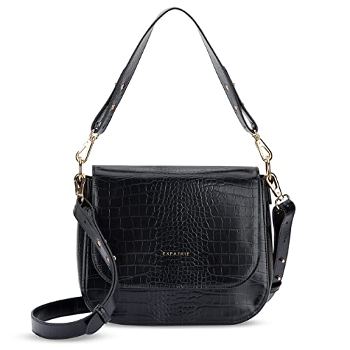 Expatrié Umhängetasche Damen Schwarz Kroko - Louise Large - Moderne Handtasche aus Veganem Leder - Crossbody Bag für den Alltag - Flexible Taschengurte von Expatrié