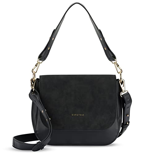 Expatrié Umhängetasche Damen Schwarz - Louise Large - Moderne Handtasche aus Veganem Leder - Crossbody Bag für den Alltag - Flexible Taschengurte von Expatrié